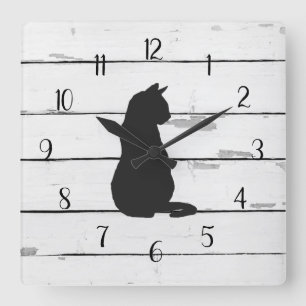 Black Cat Rustic Shiplap Farmhouse Decor Square Wall Clock