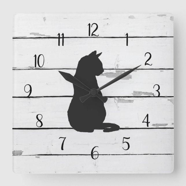 Black Cat Rustic Shiplap Farmhouse Decor Square Wall Clock (Front)