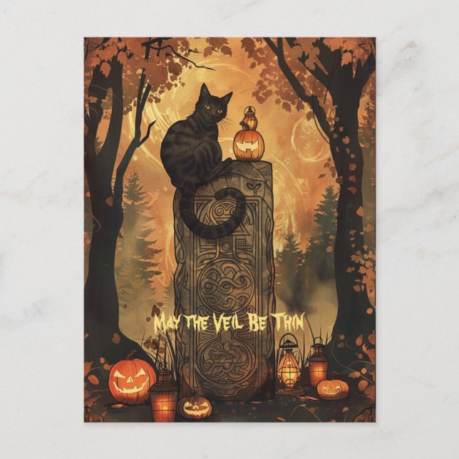 Black Cat Samhain Halloween Greeting Card (Front)