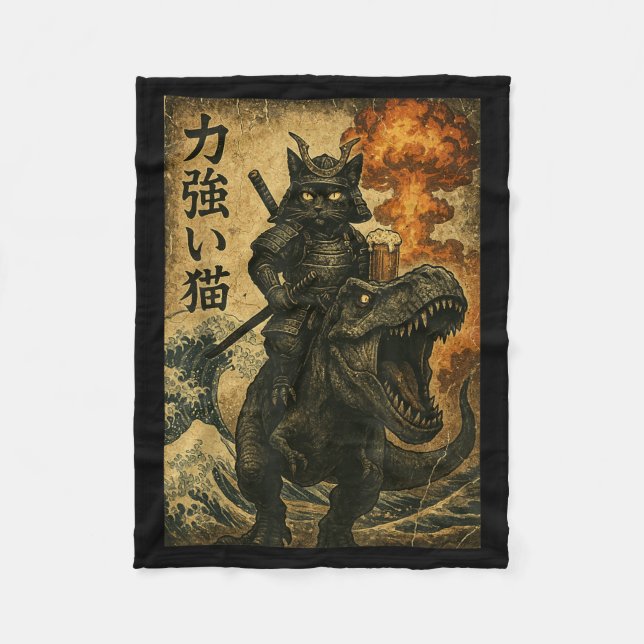 Black Cat Samurai Dinosaur Sea Wave Fleece Blanket (Front)