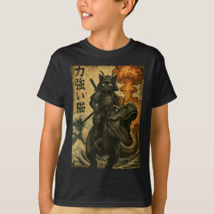 Black Cat Samurai Dinosaur Sea Wave T-Shirt