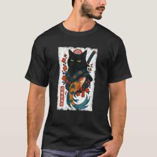 Black Cat Samurai Japanese Cherry Blossom Koi Japa T-Shirt