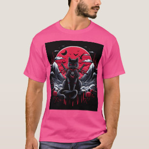 Black Cat Samurai On Mountain With Blood Red Moon T-Shirt