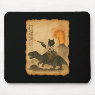 Black Cat Samurai Riding Dinosaur Volcanic Eruptio Mouse Mat