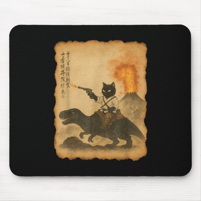 Black Cat Samurai Riding Dinosaur Volcanic Eruptio Mouse Mat (Front)