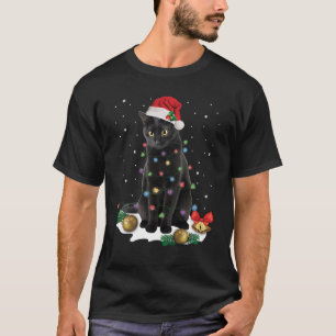 Black Cat Santa Christmas Lights Funny Cat Dad Mum T-Shirt