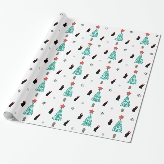 Black Cat Santa Christmas Wrapping Paper (Unrolled)