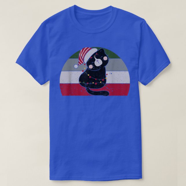 Black Cat Santa Claus Tangled Up In Merry Christma T-Shirt (Design Front)