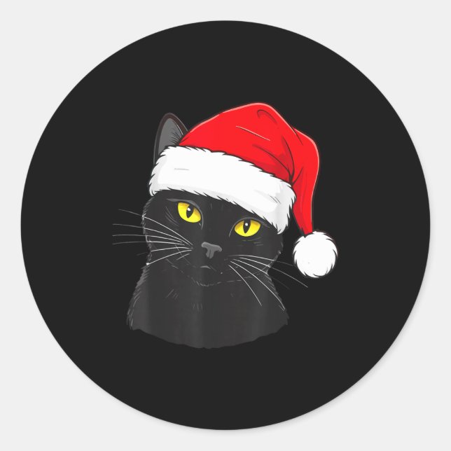 Black Cat Santa Hat Christmas  Classic Round Sticker (Front)