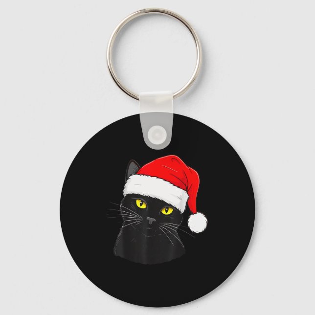 Black Cat Santa Hat Christmas  Key Ring (Front)