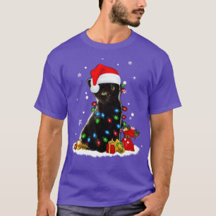 Black Cat Santa Hat Christmas Lights Happy Holiday T-Shirt