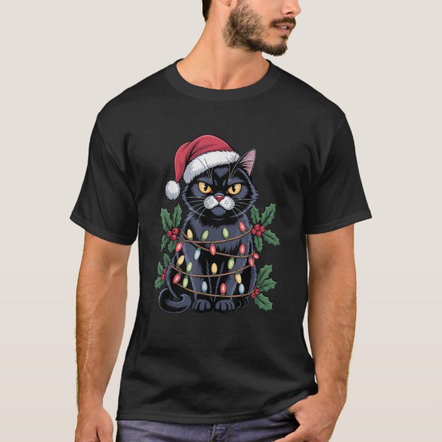 Black Cat Santa Hat Christmas Tree Lights Funny Pe T-Shirt (Front)