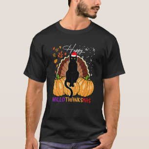 Black Cat Santa Hat Happy Hallothanksmas Pumpkin S T-Shirt