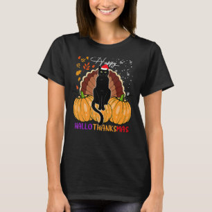 Black Cat Santa Hat Happy Hallothanksmas Pumpkin S T-Shirt
