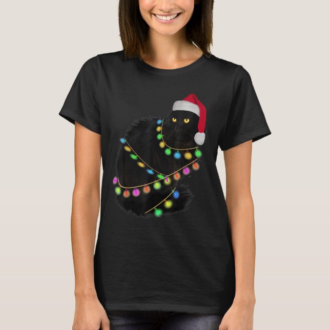 Black Cat Santa Hat Light Tree Funny Ugly Christma T-Shirt (Front)