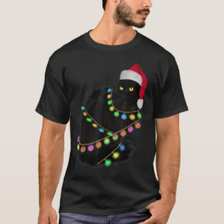 Black Cat Santa Hat Light Tree Funny Ugly Christma T-Shirt