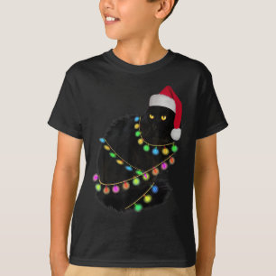 Black Cat Santa Hat Light Tree Funny Ugly Christma T-Shirt