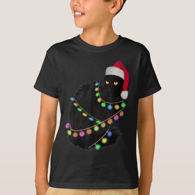 Black Cat Santa Hat Light Tree Funny Ugly Christma T-Shirt (Front)