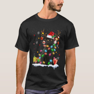 Black Cat Santa Hat Reindeer Christmas Lights Cat T-Shirt