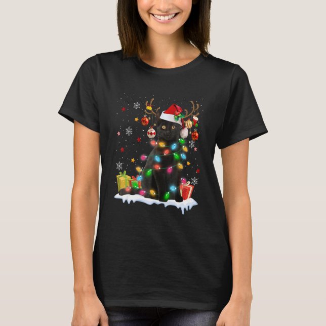 Black Cat Santa Hat Reindeer Christmas Lights Cat  T-Shirt (Front)