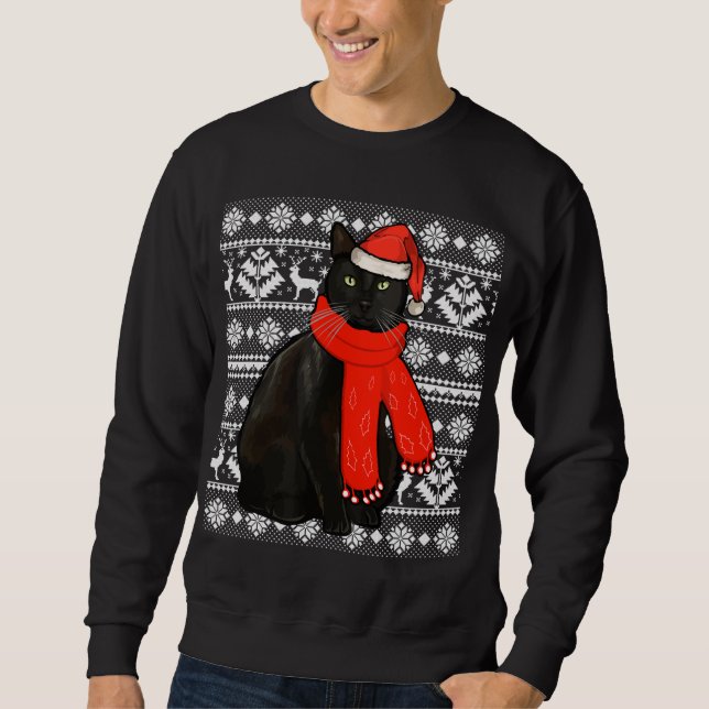 Black Cat Santa Hat Ugly Christmas Sweater Funny X (Front)