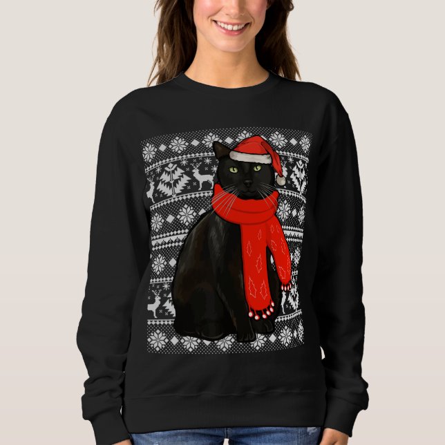 Black Cat Santa Hat Ugly Christmas Sweater Funny X (Front)