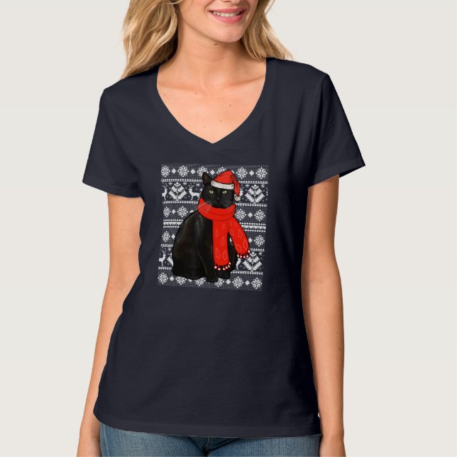 Black Cat Santa Hat Ugly Christmas Sweater Funny X (Front)