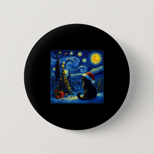 Black Cat Santa Hat Van Gogh Starry Night Christma 6 Cm Round Badge (Front)
