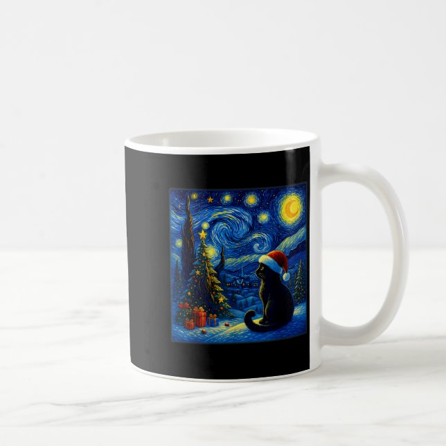 Black Cat Santa Hat Van Gogh Starry Night Christma Coffee Mug (Right)