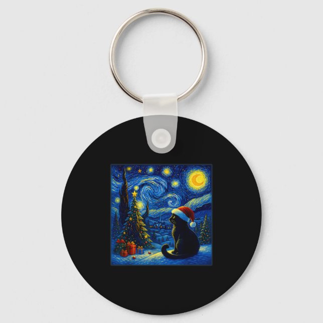 Black Cat Santa Hat Van Gogh Starry Night Christma Key Ring (Front)
