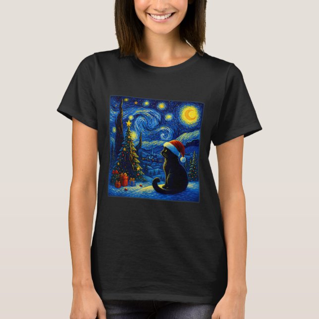 Black Cat Santa Hat Van Gogh Starry Night Christma T-Shirt (Front)