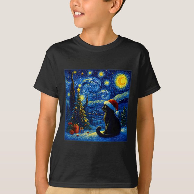 Black Cat Santa Hat Van Gogh Starry Night Christma T-Shirt (Front)