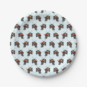 Black Cat Santa Hat Watching TV Retro Vintage Paper Plate
