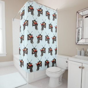 Black Cat Santa Hat Watching TV Retro Vintage Shower Curtain