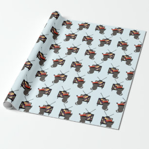 Black Cat Santa Hat Watching TV Retro Vintage Wrapping Paper
