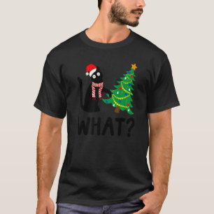 Black Cat Santa Pushing Christmas Tree Over Cat Wh T-Shirt