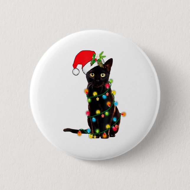 Black Cat Santa Tangled Up In Christmas Lights _1  6 Cm Round Badge (Front)