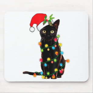 Black Cat Santa Tangled Up In Christmas Lights _1 Mouse Mat