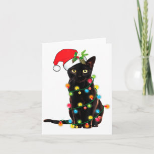 Black Cat Santa Tangled Up In Christmas Lights  Card