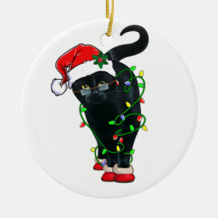 Black Cat Santa Tangled Up In Christmas Lights Ceramic Tree Decoration