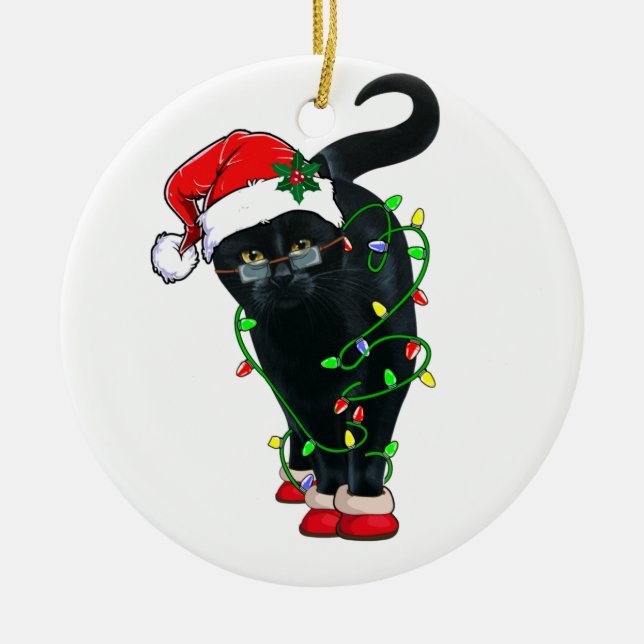 Black Cat Santa Tangled Up In Christmas Lights Ceramic Tree Decoration (Front)