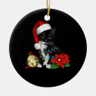 Black Cat Santa Tangled Up In Christmas Lights Ceramic Tree Decoration