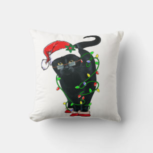 Black Cat Santa Tangled Up In Christmas Lights Cushion