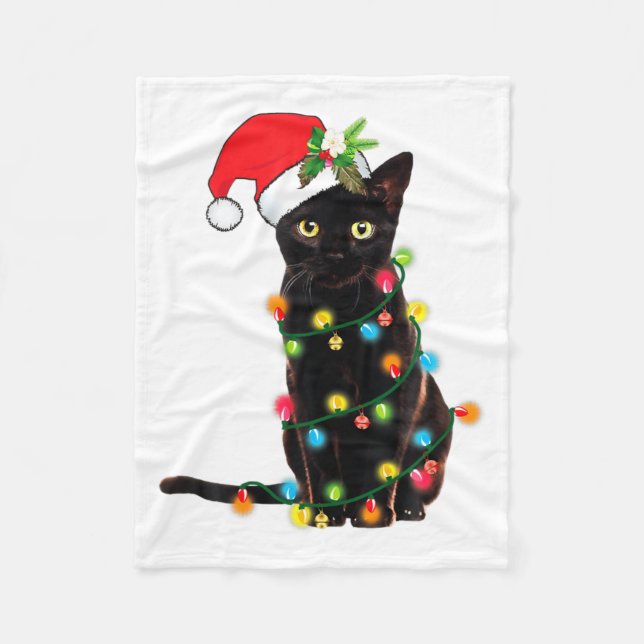 Black Cat Santa Tangled Up In Christmas Lights  Fleece Blanket (Front)