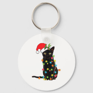 Black Cat Santa Tangled Up In Christmas Lights  Key Ring