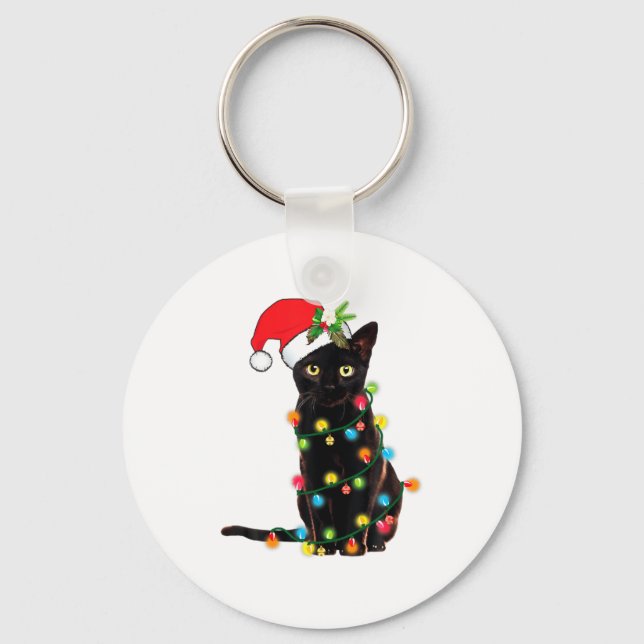 Black Cat Santa Tangled Up In Christmas Lights  Key Ring (Front)