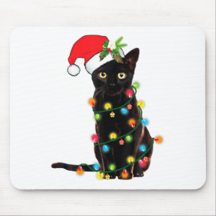 Black Cat Santa Tangled Up In Christmas Lights Mouse Mat