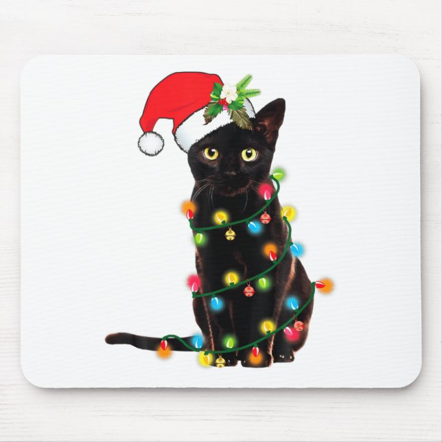 Black Cat Santa Tangled Up In Christmas Lights  Mouse Mat (Front)