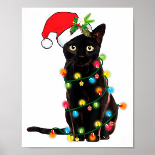 Black Cat Santa Tangled Up In Christmas Lights  Poster