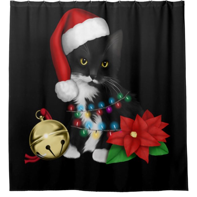 Black Cat Santa Tangled Up In Christmas Lights Shower Curtain (Front)